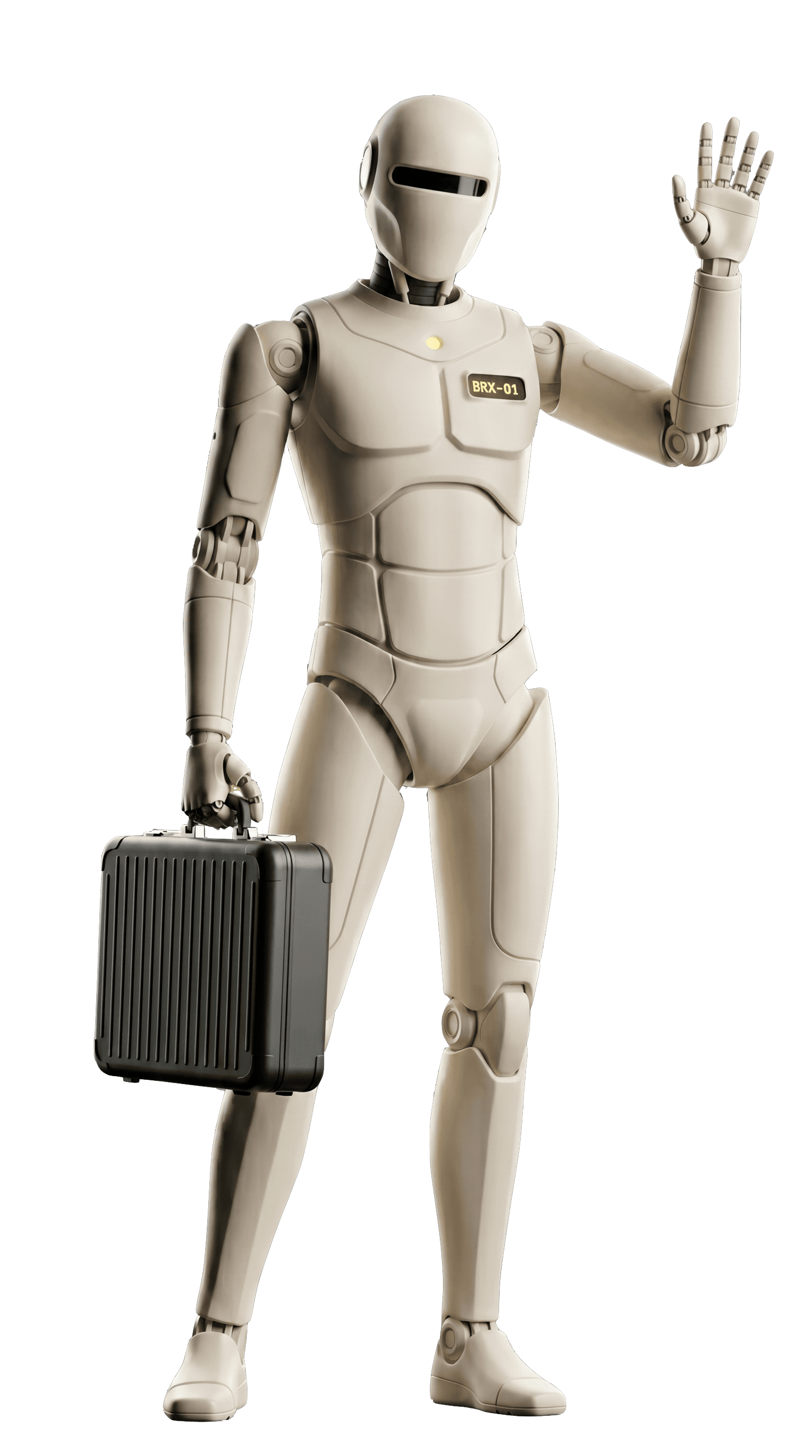 Brixon AI agent rendering, waving and holding a diagnostic case