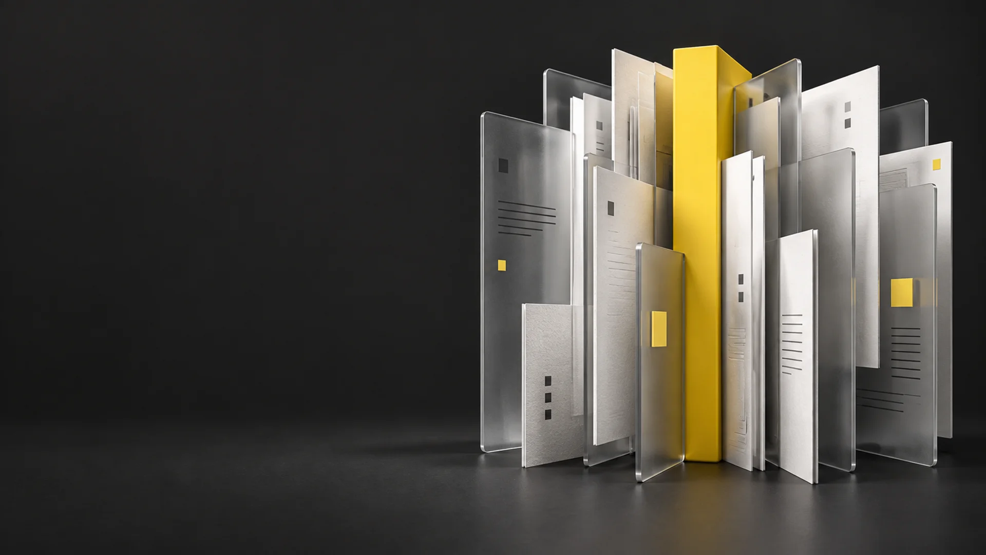Documents and translucent layers around a shared yellow core