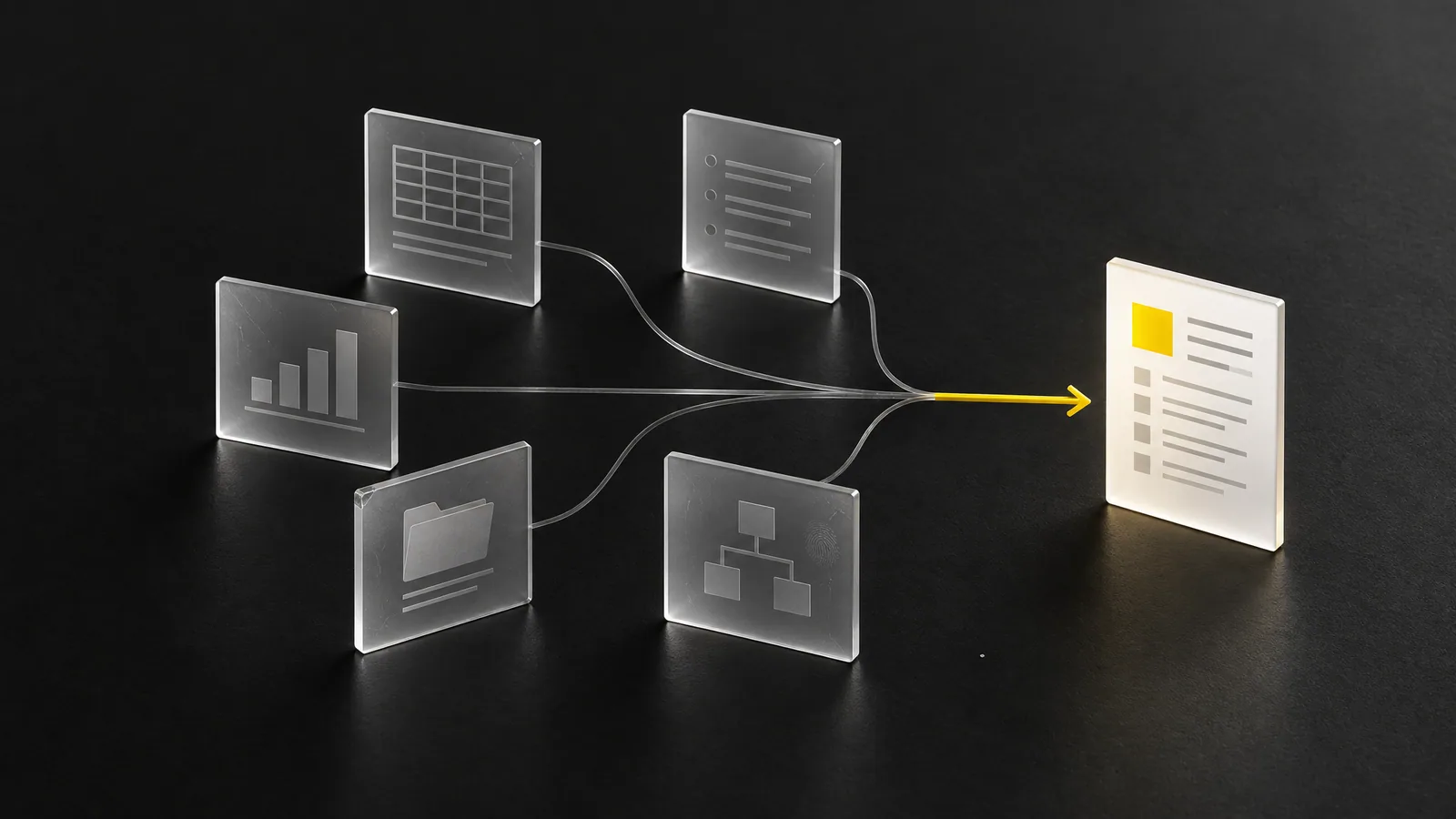 Five separate glass panels converge through a yellow arrow into one lit plan sheet
